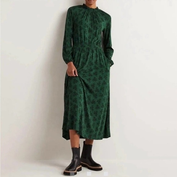 Boden Dresses & Skirts - Boden Green Floral Ruffle Neck Midi Dress Long Sleeve US 4R